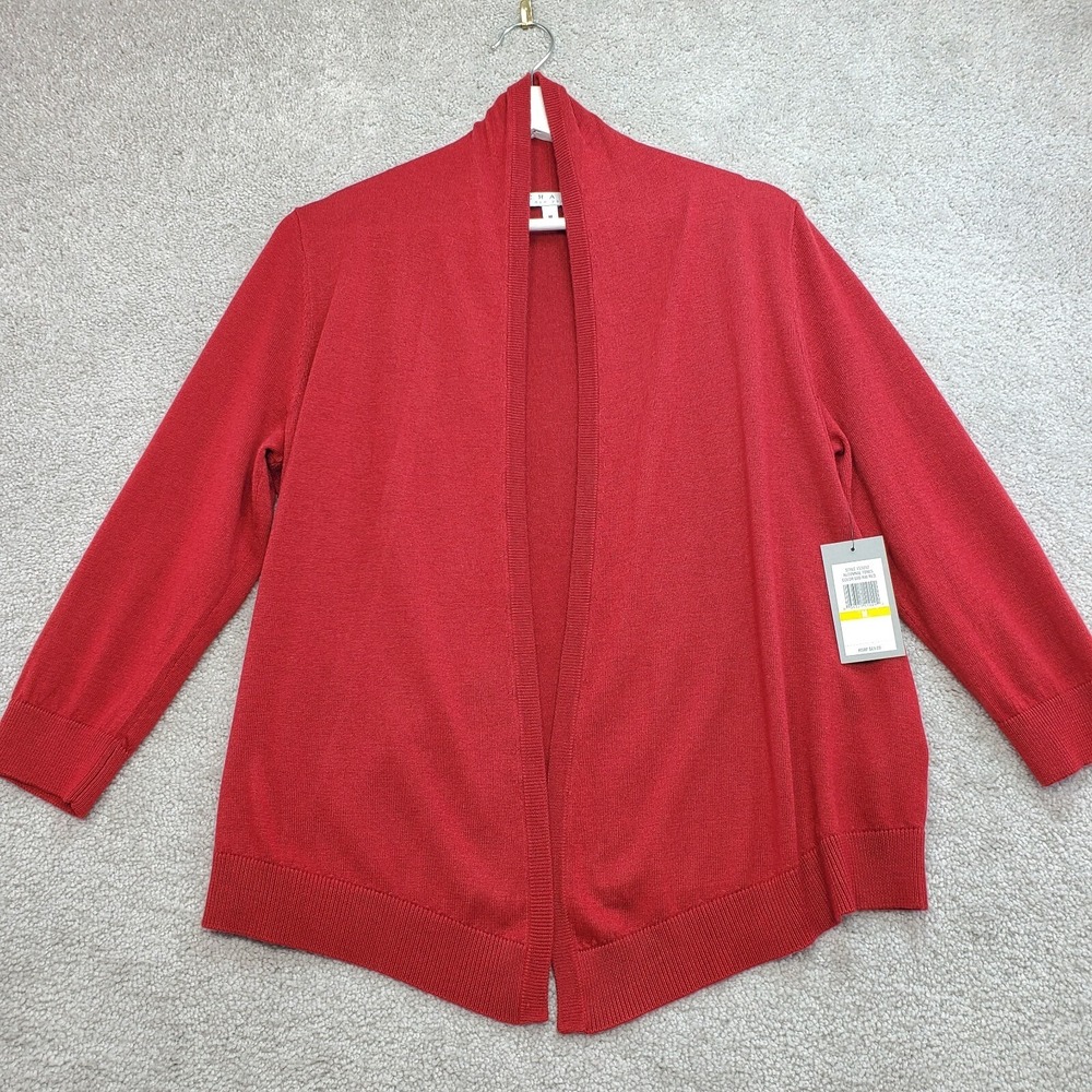 Chaus New York‎ Cardigan Sweater Womens M Red Tight Knit Long Sleeve Open Front